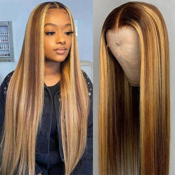 Bone Straight P4/27 Highlight Ombre Brown 13x6 Human Hair Wig Honey Blonde Colored 13x4 HD Lace PrePlucked Wigs for Black Women