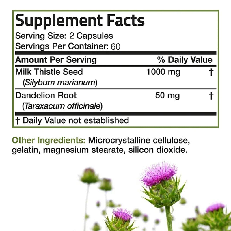 Natural Milk Thistle Supplement - Rich Silymarin & Dandelion Root, Detox Cleansing, for Liver Health, Supports Liver Function
