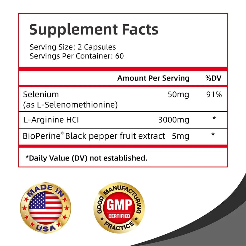 L-Arginine Capsules - Boosts Muscle Mass, Energy, Endurance, Improve Blood Circulation