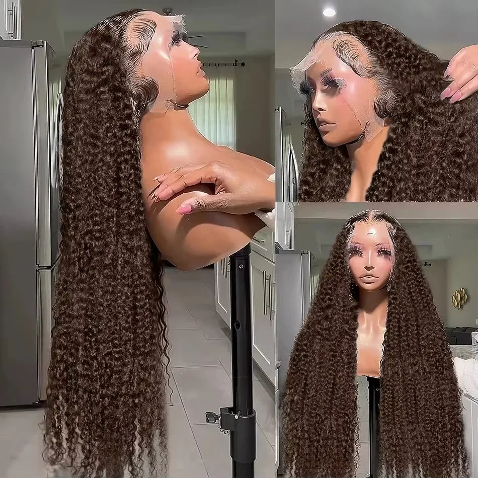 30 40Inch Chocolate Brown Curly Wigs #4 Brown Deep Wave Human Hair Wig 13x4 13x6 HD Transparent Lace Frontal Wigs For Women