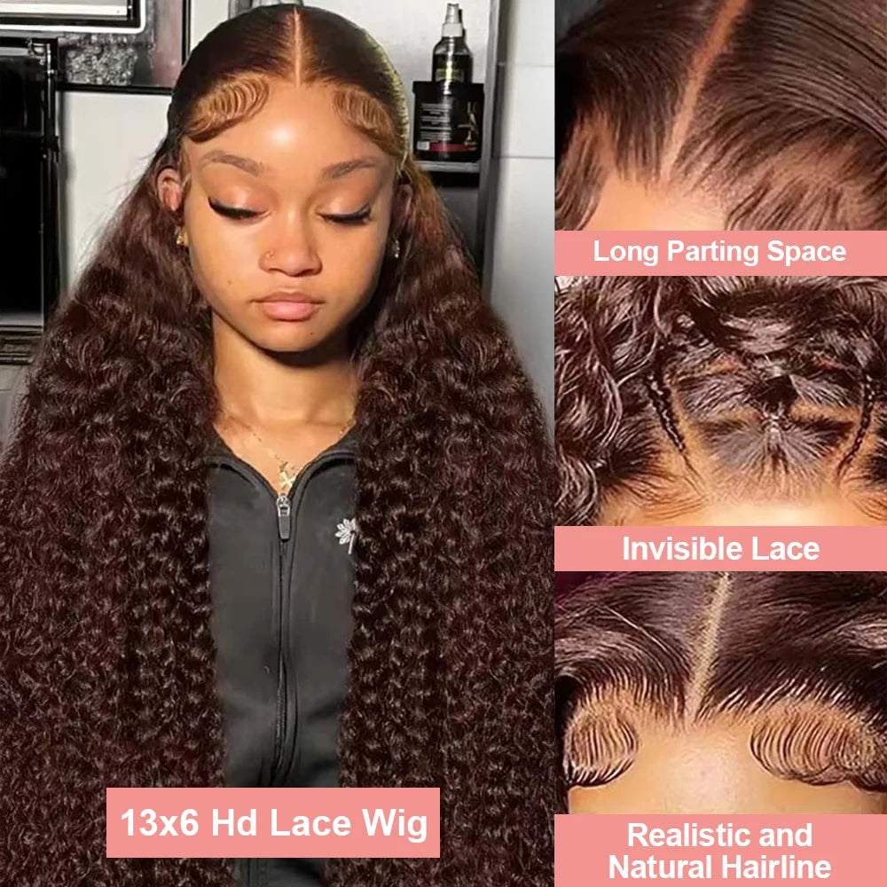 13x6 Chocolate Brown Curly Human Hair Wig 40 Inch Transparent Lace Frontal Wigs For Women Color 13x4 Hd Lace Front Deep Wave Wig